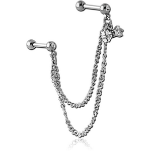 SURGICAL STEEL JEWELLED TRAGUS MICRO BARBELLS CHAIN LINKED - BOW