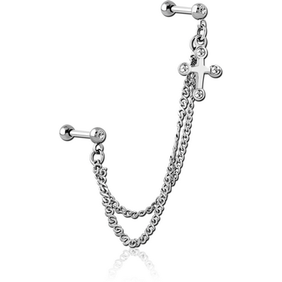 SURGICAL STEEL JEWELLED TRAGUS MICRO BARBELLS CHAIN LINKED - CROSS