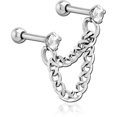 SURGICAL STEEL JEWELLED TRAGUS MICRO BARBELLS CHAIN LINKED