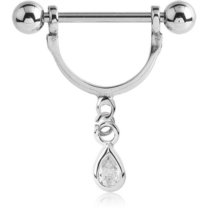 SURGICAL STEEL NIPPLE STIRRUP WITH TEAR DROP JEWELLED DANGLING CHARM