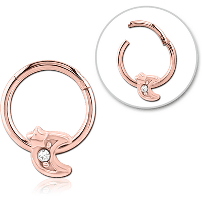 ROSE GOLD PVD COATED SURGICAL STEEL JEWELLED HINGED SEGMENT RING - CRESCENT AND STAR