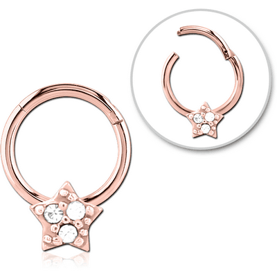 ROSE GOLD PVD COATED SURGICAL STEEL JEWELLED HINGED SEGMENT RING - STAR PRONGS