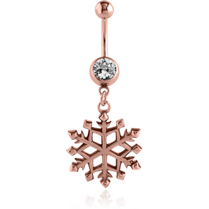 ROSE GOLD PVD COATED SURGICAL STEEL JEWELLED NAVEL BANANA WITH DANGLING CHARM - SNOWFLAKE