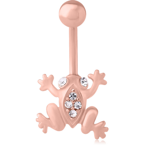 ROSE GOLD PVD COATED SURGICAL STEEL JEWELLED NAVEL BANANA WITH DANGLING CHARM - FROG