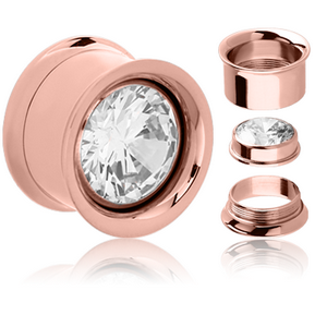 ROSE GOLD PVD COATED STAINLESS STEEL DOUBLE FLARED THREADED TUNNEL WITH REMOVABLE JEWELLED