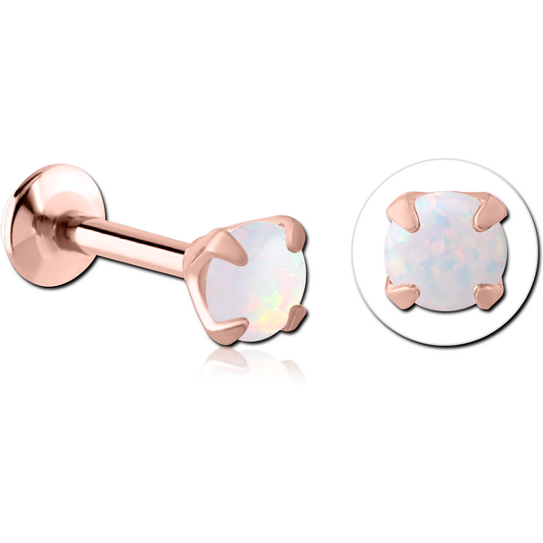 ROSE GOLD PVD COATED SURGICAL STEEL INTERNALLY THREADED MICRO LABRET WITH PRONG SET ROUND SYNTHETIC OPAL ATTACHMENT