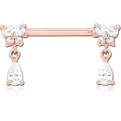 ROSE GOLD PVD COATED SURGICAL STEEL NIPPLE PIERCING INTERNAL THREADED BAR WITH MOVING CHARM FINE JEWELLED