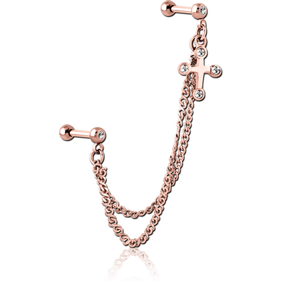 ROSE GOLD PVD COATED SURGICAL STEEL JEWELLED TRAGUS MICRO BARBELLS CHAIN LINKED - CROSS