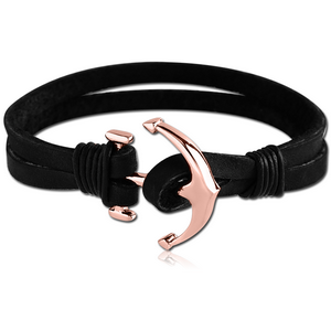 ROSE GOLD PVD COATED SURGICAL STEEL BRACELET WITH LEATHER - ANCHOR