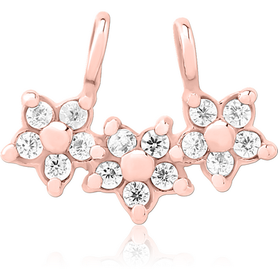 ROSE GOLD PVD COATED SURGICAL STEEL SLIDING JEWELLED CHARM FOR HINGED SEGMENT RING - TRIPLE FLOWER