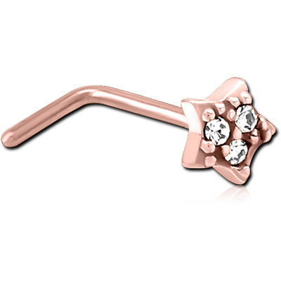 ROSE GOLD PVD COATED SURGICAL STEEL 90 DEGREE JEWELLED NOSE STUD - STAR