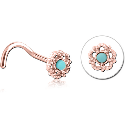 ROSE GOLD PVD COATED SURGICAL STEEL CURVED JEWELLED NOSE STUD - FLOWER