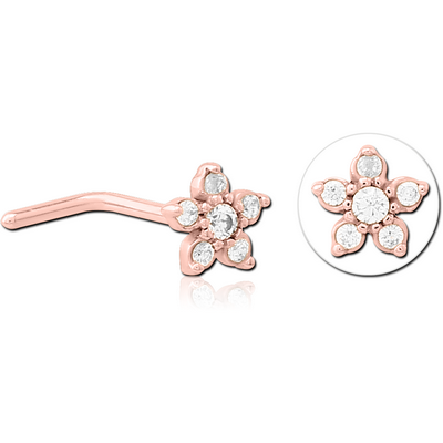 ROSE GOLD PVD COATED SURGICAL STEEL 90 DEGREE JEWELLED NOSE STUD -FLOWER