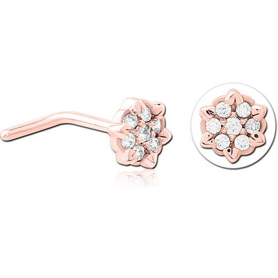 ROSE GOLD PVD COATED SURGICAL STEEL 90 DEGREE JEWELLED NOSE STUD - FLOWER