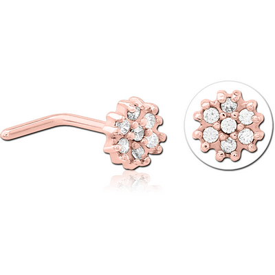 ROSE GOLD PVD COATED SURGICAL STEEL 90 DEGREE JEWELLED NOSE STUD - FLOWER