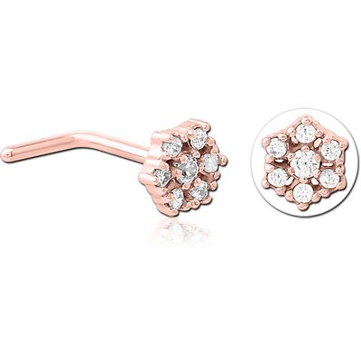 ROSE GOLD PVD COATED SURGICAL STEEL 90 DEGREE JEWELLED NOSE STUD - FLOWER