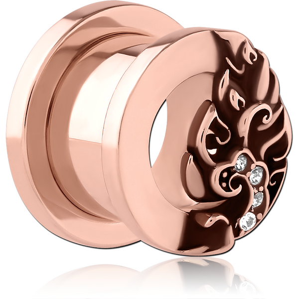 ROSE GOLD PVD COATED STAINLESS STEEL THREADED TUNNEL WITH SURGICAL STEEL JEWELLED TOP