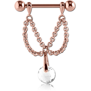 ROSE GOLD PVD COATED SURGICAL STEEL JEWELLED NIPPLE SHIELD - CHAIN AND ROUND BALL