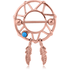 ROSE GOLD PVD COATED SURGICAL STEEL JEWELLED NIPPLE SHIELD - DREAMCATCHER WITH FEATHERS