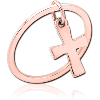 ROSE GOLD PVD COATED SURGICAL STEEL RING WITH HANGING CHARM - CROSS