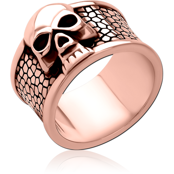 ROSE GOLD PVD COATED SURGICAL STEEL RING - WIDE BAND SKULL ON TEXTURE