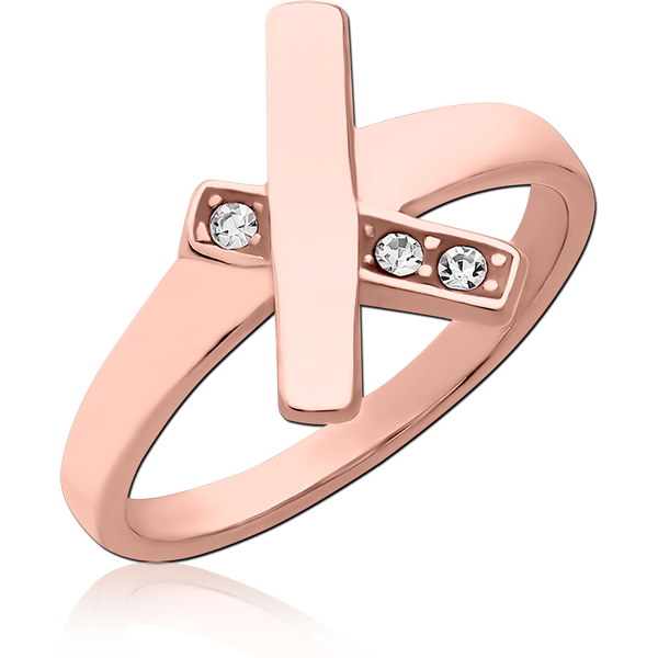 ROSE GOLD PVD COATED SURGICAL STEEL JEWELLED RING - CROSS LINES