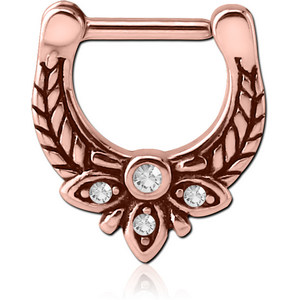 ROSE GOLD PVD COATED SURGICAL STEEL JEWELLED HINGED SEPTUM CLICKER - FILIGREE