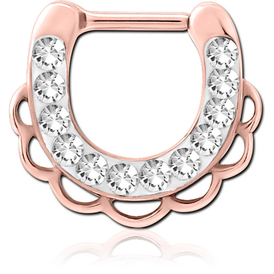 ROSE GOLD PVD COATED SURGICAL STEEL ROUND CRYSTALINE JEWELLED HINGED SEPTUM CLICKER