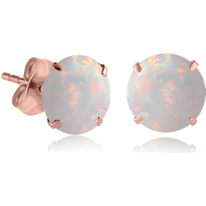 ROSE GOLD PVD COATED SURGICAL STEEL ROUND SYNTHETIC OPAL PRONG SET JEWELLED EAR STUDS PAIR