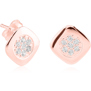 STERLING SILVER 925 ROSE GOLD PVD COATED JEWELLED EAR STUDS PAIR - RHOMBUS