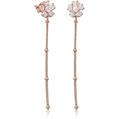 STERLING SILVER 925 ROSE GOLD PVD COATED JEWELLED CHAIN EAR STUDS PAIR