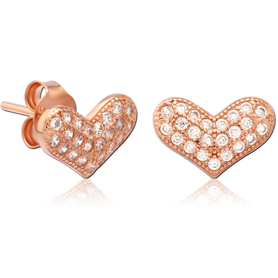 STERLING SILVER 925 ROSE GOLD PVD COATED JEWELLED EAR STUDS PAIR - HEART