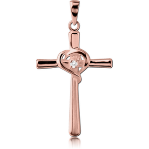 STERLING SILVER 925 ROSE GOLD PVD COATED JEWELLED PENDANT - CROSS WITH HEART