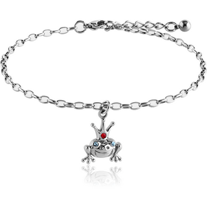 SURGICAL STEEL OVAL ROLLO CHAIN ANKLET WITH JEWELLED CHARM - FROG KING