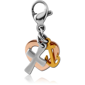 SURGICAL STEEL TRIPLE TONE CHARM WITH LOBSTER LOCKER - HEART ANCHOR CROSS