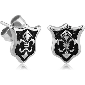 SURGICAL STEEL EAR STUDS PAIR - SHIELD FLEUR DE LIS