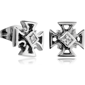 SURGICAL STEEL JEWELLED EAR STUDS PAIR - IRON CROSS