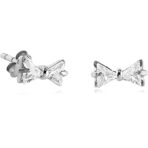 SURGICAL STEEL JEWELLED EAR STUDS PAIR - BOW SLIM