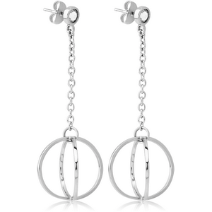 SURGICAL STEEL JEWELLED EAR STUDS PAIR - WITH CHAIN AND DANGLING CIRCLES