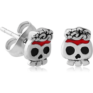 SURGICAL STEEL EAR STUDS PAIR WITH ENAMEL - CUTE SKULL