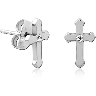 SURGICAL STEEL JEWELLED EAR STUDS PAIR - CROSS