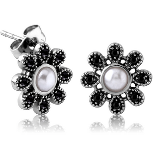 SURGICAL STEEL JEWELLED EAR STUDS PAIR WITH SYNTATIC PEARL - FLOWER