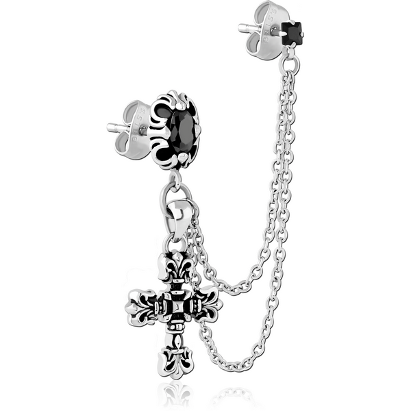 SURGICAL STEEL JEWELLED EAR STUDS WITH CONNECTING CHAIN