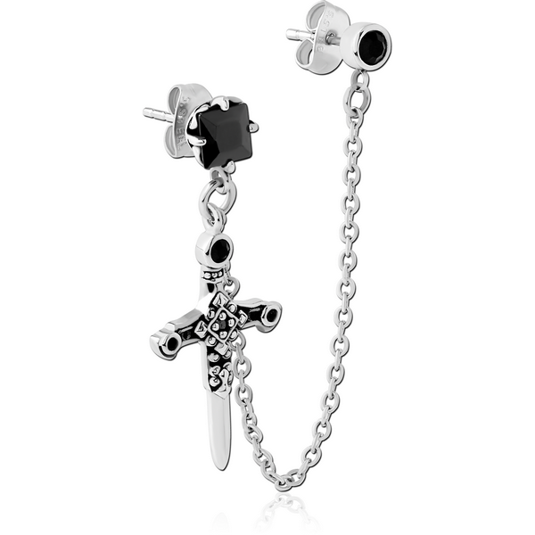 SURGICAL STEEL JEWELLED EAR STUDS WITH CONNECTING CHAIN