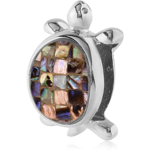 SURGICAL STEEL SYNTHETIC MOTHER OF PEARL MOSAIC FLAT BEAD - TURTLE