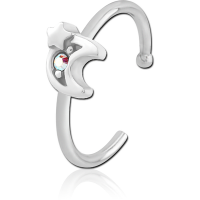 SURGICAL STEEL JEWELLED OPEN NOSE RING - CRESCENT AND STAR