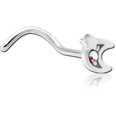 SURGICAL STEEL CURVED JEWELLED NOSE STUD - CRESCENT AND STAR