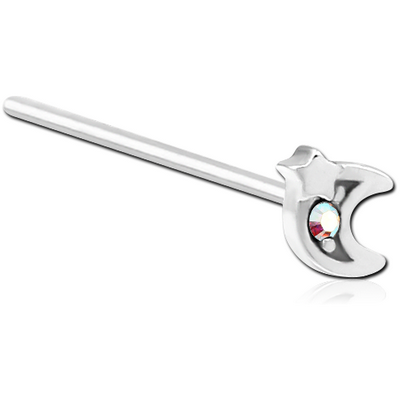 SURGICAL STEEL STRAIGHT JEWELLED NOSE STUD CRESCENT AND STAR