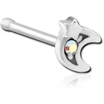 SURGICAL STEEL JEWELLED NOSE BONE - CRESCENT AND STAR