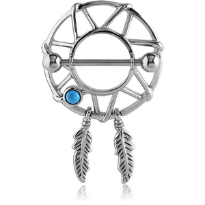 SURGICAL STEEL JEWELLED NIPPLE SHIELD - DREAMCATCHER WITH FEATHERS